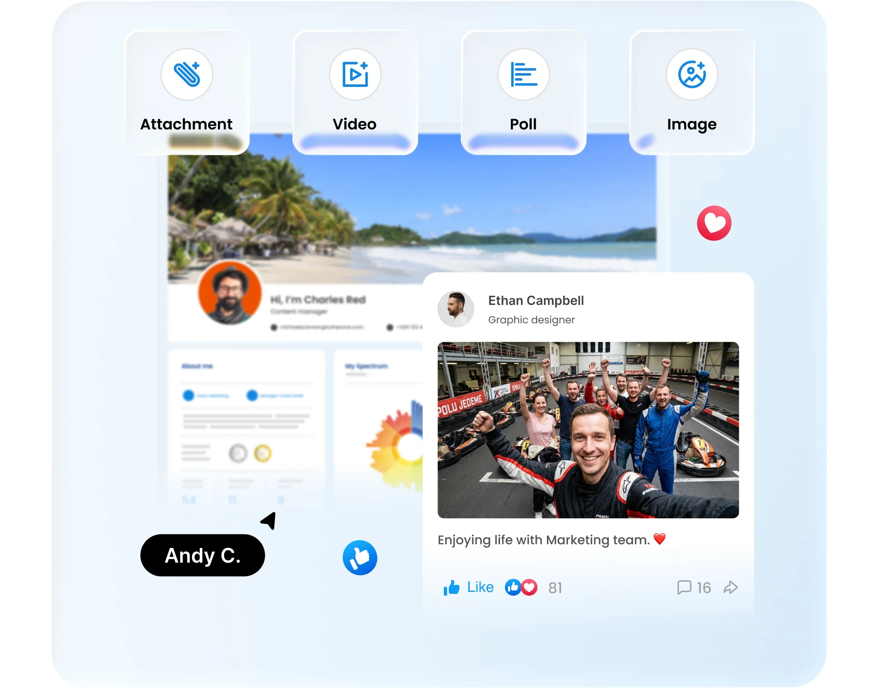 Dashboard interface showing tabs for content types, beach photo, profile card, and social media post.