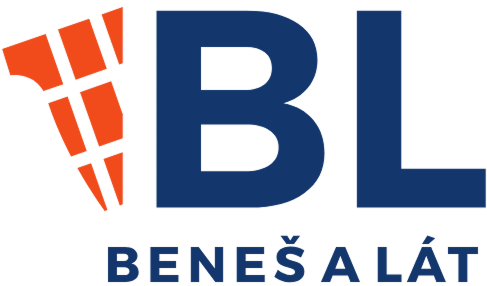 Logo for BENEŠ A LÁT featuring large blue 'BL' letters and an orange abstract design.