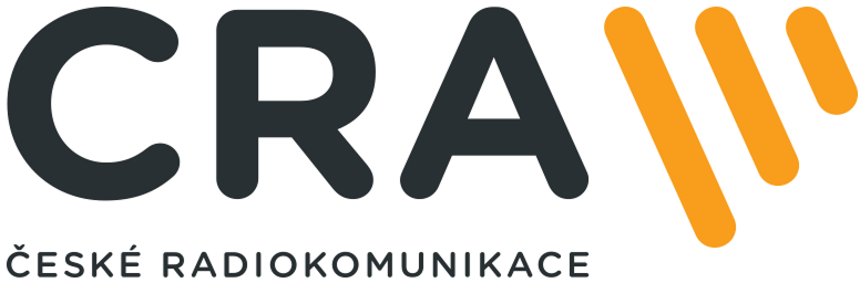CRA České Radiokomunikace logo with dark grey letters and three orange diagonal lines.