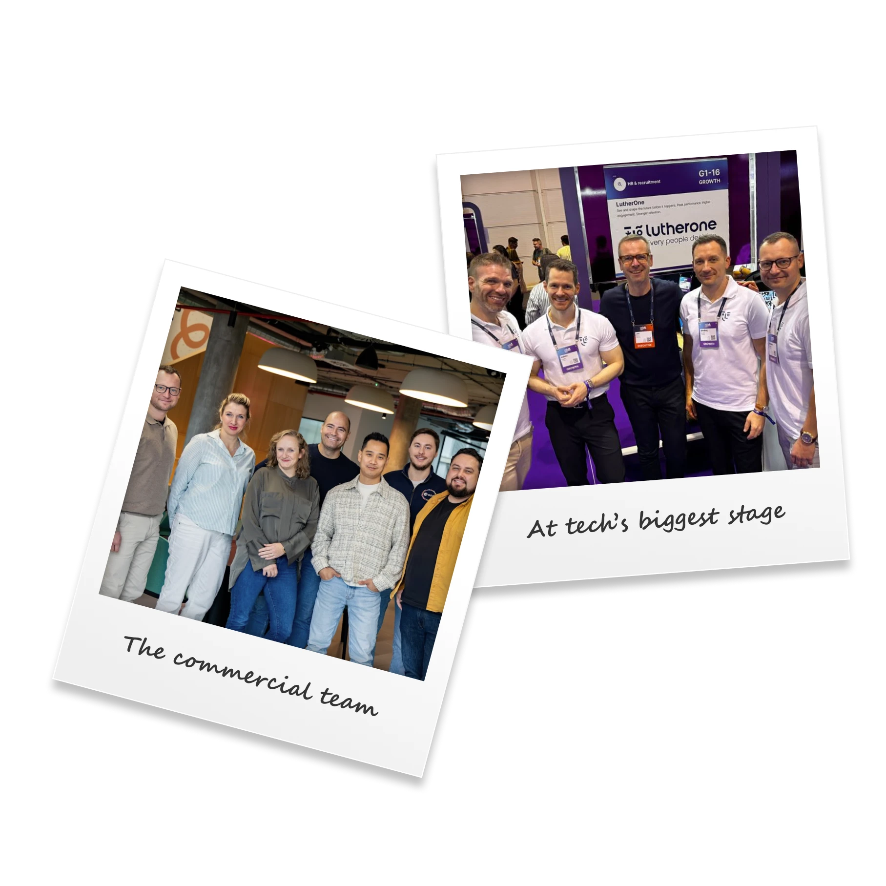 Two polaroid photos showing a smiling commercial team and a group at an event booth.