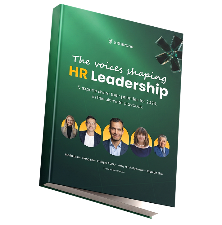 Green book titled 'The voices shaping HR Leadership' featuring expert photos.