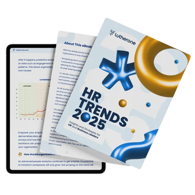 Digital report titled 'HR Trends 2025' with abstract blue and gold shapes.