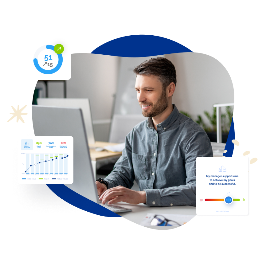 Man working on computer with data charts and icons suggesting efficient workflow.