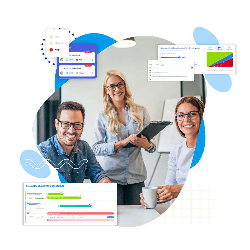 Three smiling business professionals surrounded by floating digital data dashboards and charts.