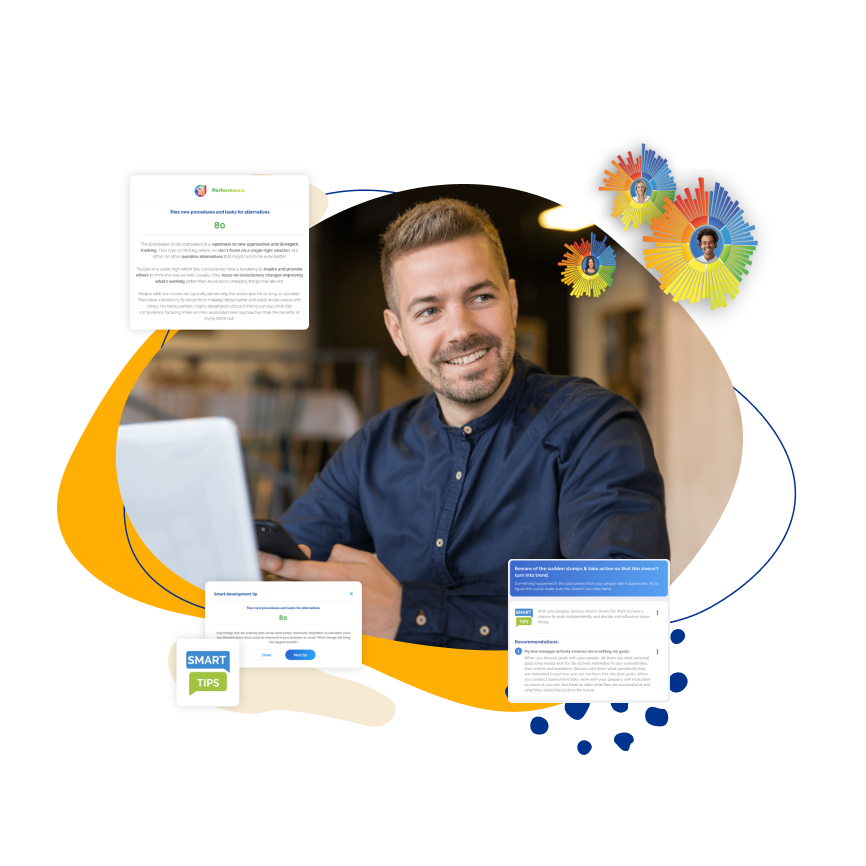 Smiling man using a laptop surrounded by floating digital documents and gears.