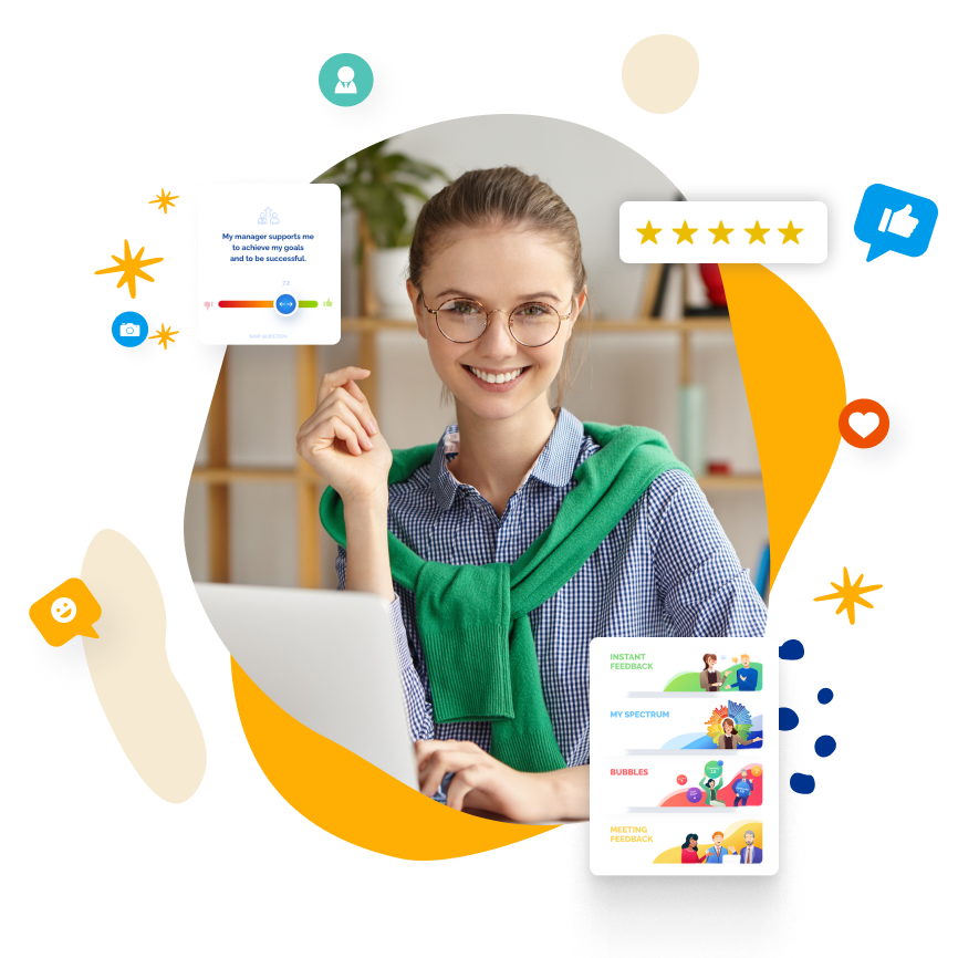 Smiling woman in glasses works on a laptop, surrounded by digital marketing and feedback icons.