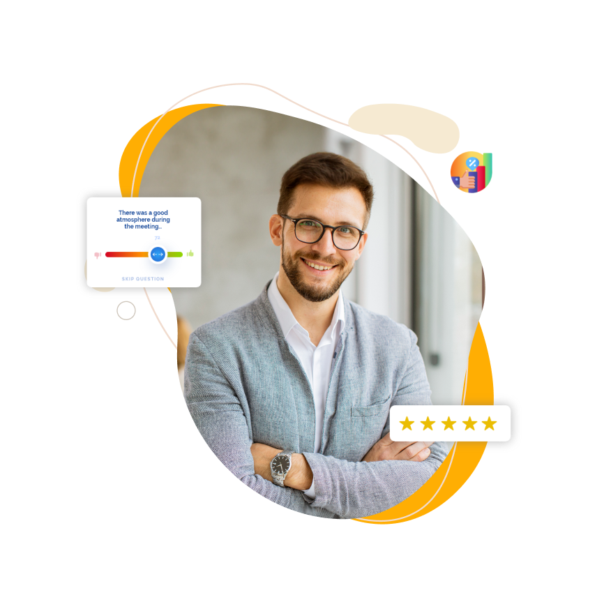 Smiling man with glasses and beard, arms crossed, surrounded by customer satisfaction metrics.