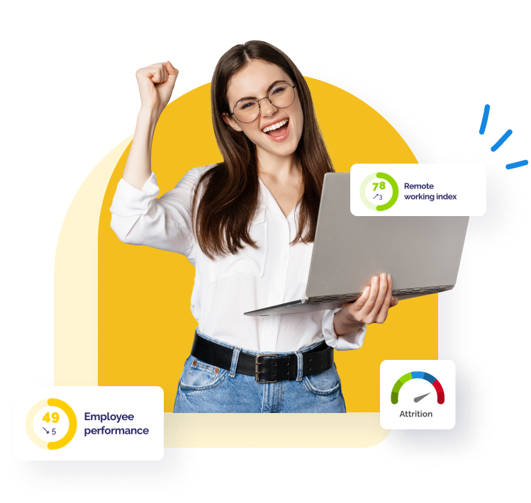 Excited woman celebrating success with a laptop and various performance metrics.