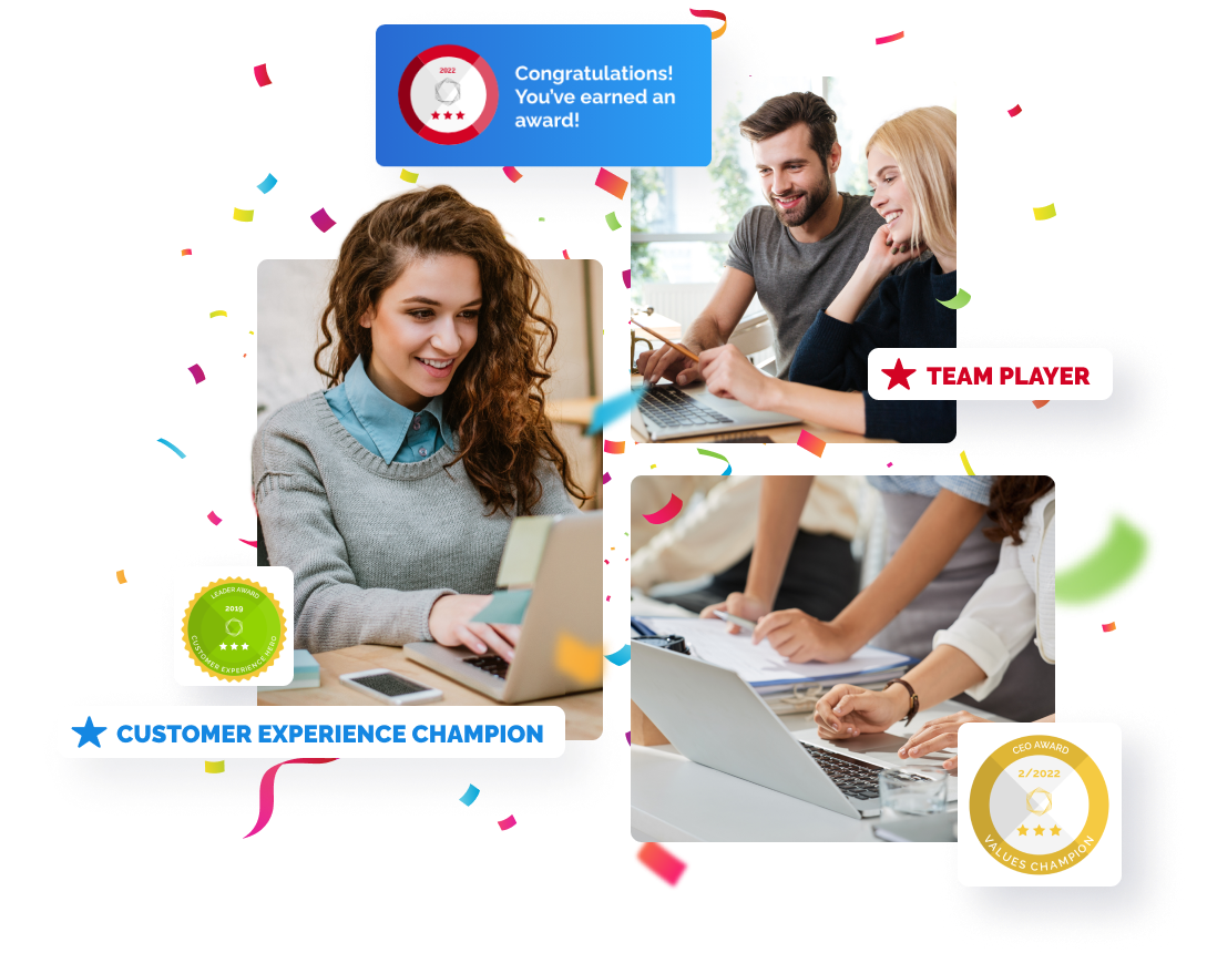 Collage showing professional achievements: awards, teamwork, customer champion recognition, and celebration.
