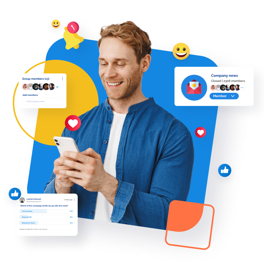 Smiling man checks his phone surrounded by social media icons and digital elements.