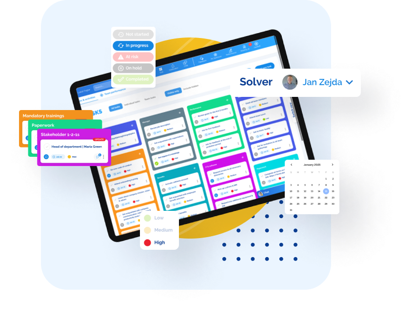 Tablet displaying a project management dashboard with colorful task cards and floating UI elements.