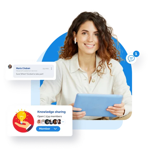 Smiling woman holding a tablet, surrounded by digital elements and communication icons.