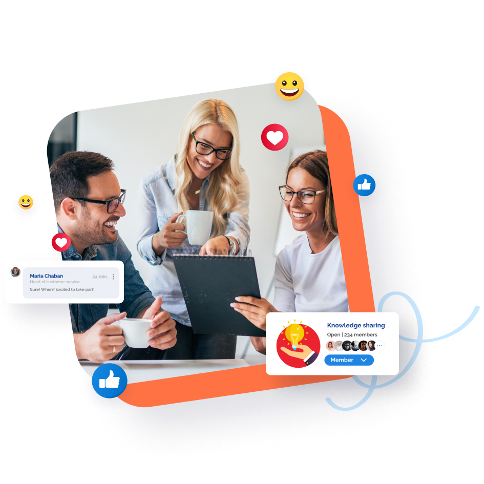 Three colleagues collaborate around a laptop, surrounded by social media icons and comments.