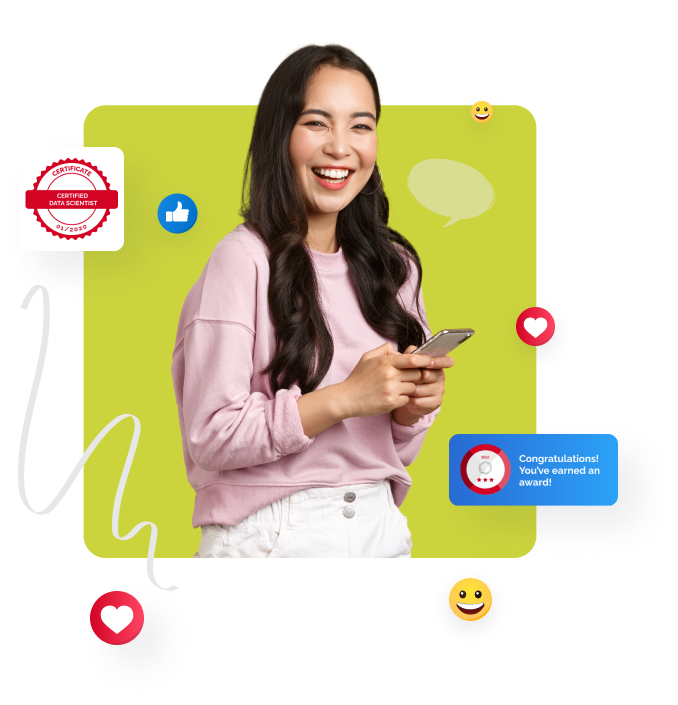 Smiling woman holding smartphone, surrounded by social media icons on a green background.