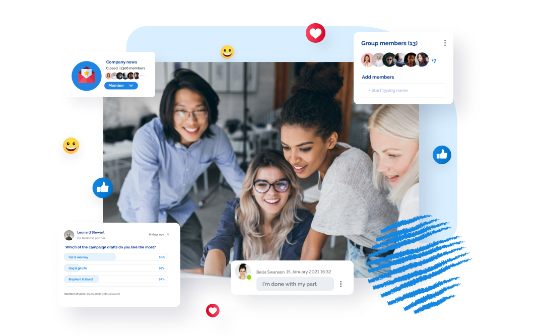 Four diverse professionals smiling and collaborating with social media interface elements overlaid.