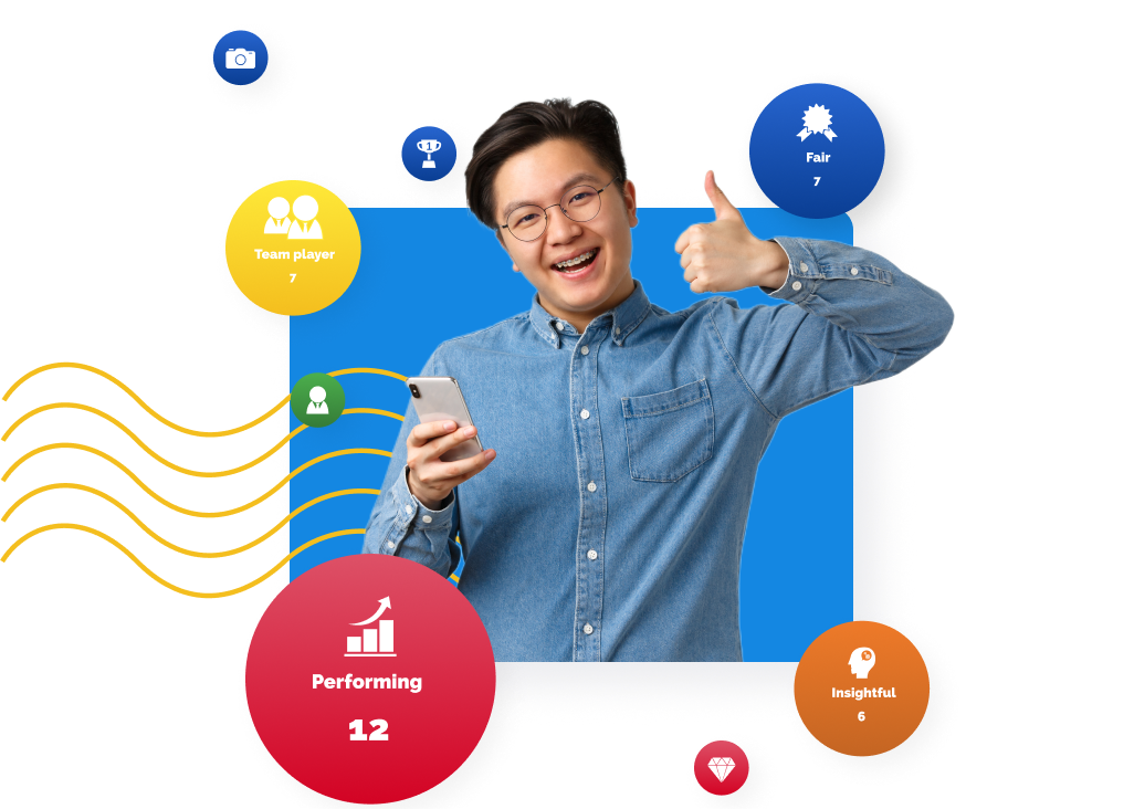 Smiling man with phone gives thumbs-up, surrounded by digital marketing icons.
