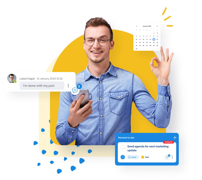 Smiling man in glasses holds phone, makes OK sign, surrounded by digital communication.