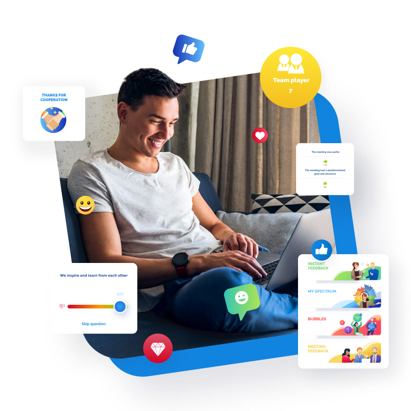 Smiling man on couch using laptop surrounded by social media icons and digital content.