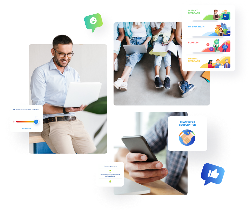 Collage showing people working on laptops, using smartphones, and digital learning illustrations.