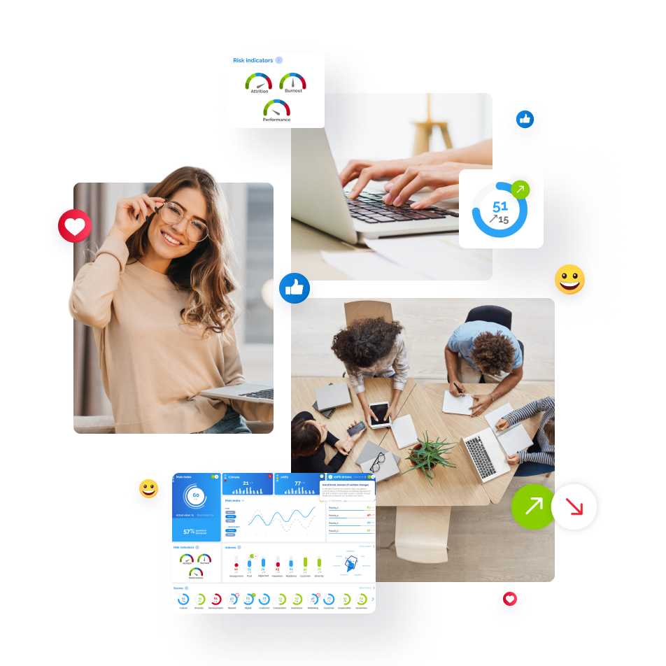 A collage showing a woman working, people collaborating, and digital dashboards with social media icons.