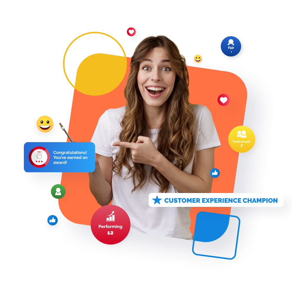 Excited woman smiling and pointing, surrounded by social media engagement and achievement icons.