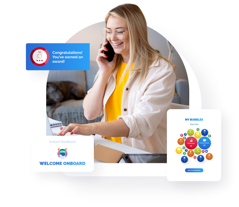 Smiling woman on phone with laptop, digital notifications, welcome message, and network diagram.
