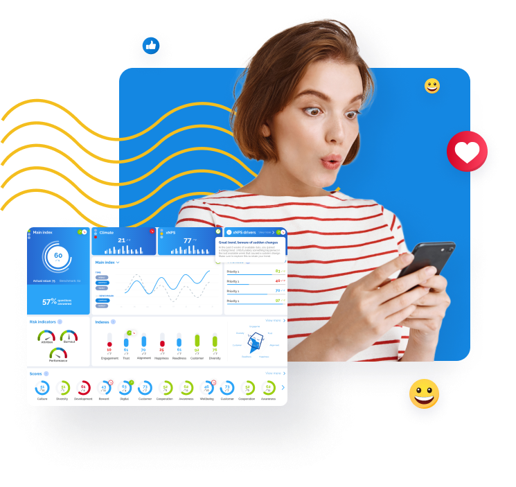 Surprised woman views social media analytics dashboard on phone, surrounded by engagement icons.