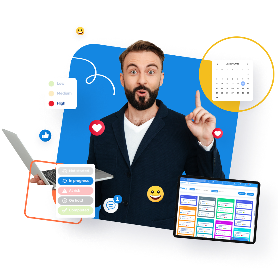 A man in a suit jacket pointing up, surrounded by various digital marketing interface elements.