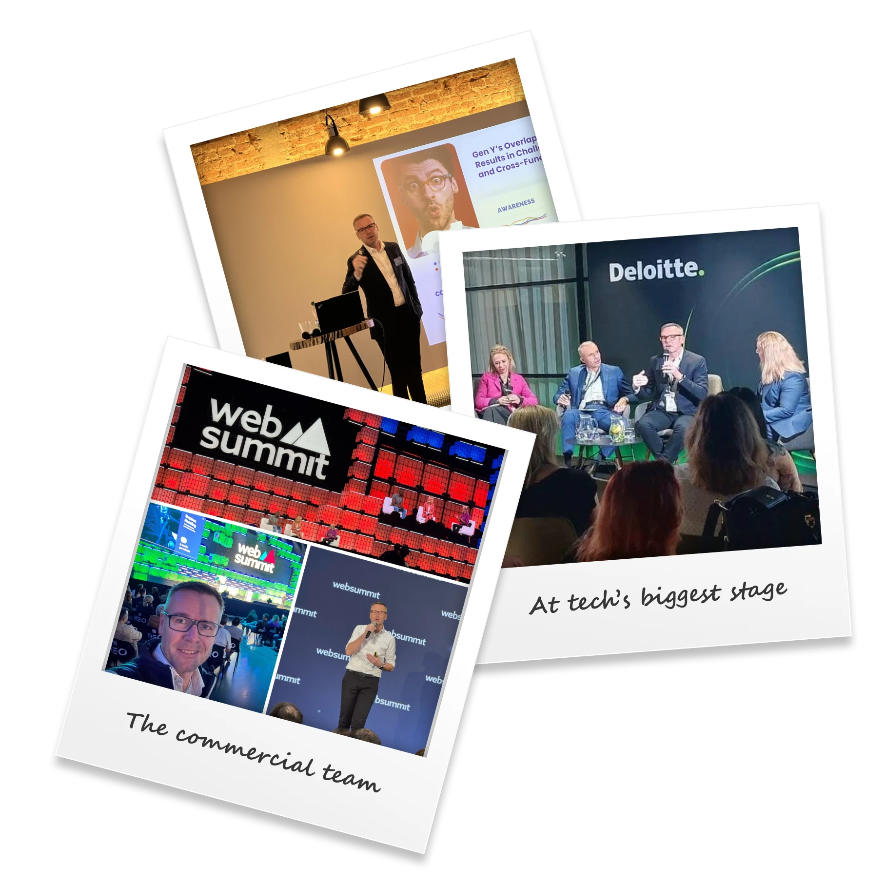 Three overlapping polaroid photos showcasing various business conference events and speakers.