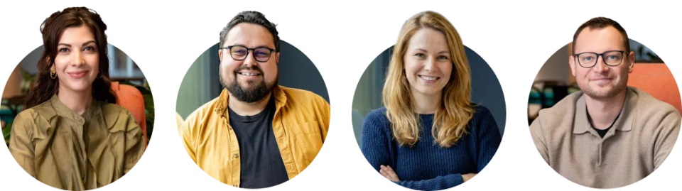 Four diverse professionals, two women and two men, smiling in individual circular headshots.