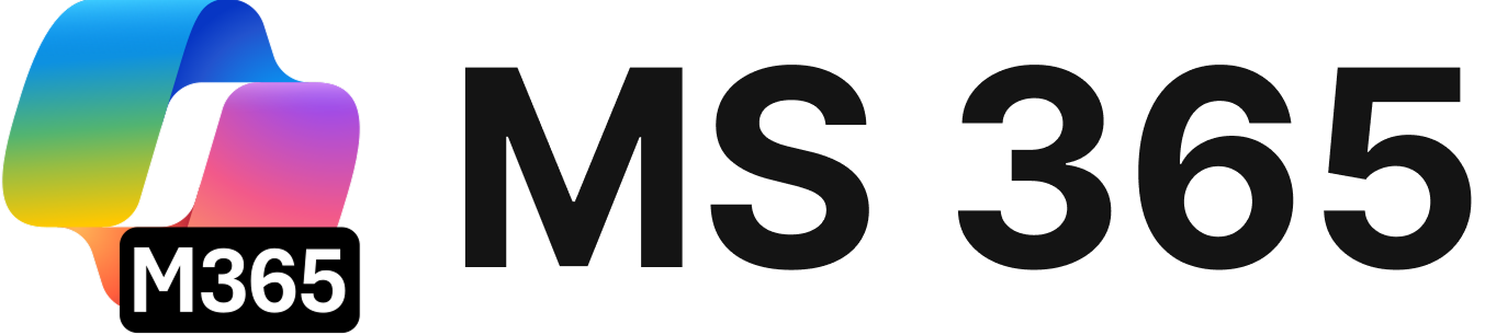 Microsoft 365 logo featuring a colorful ribbon graphic with 'M365' and 'MS 365' text.