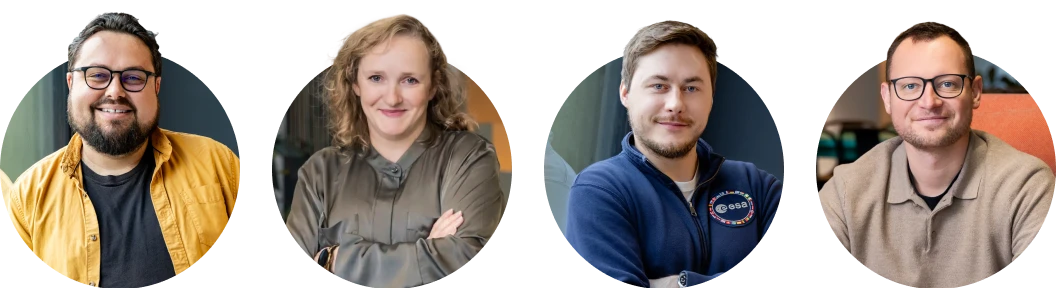 Four smiling individuals in circular profile pictures, showcasing diverse team members.