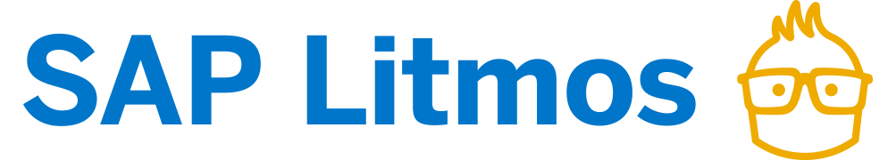Blue text 'SAP Litmos' with a yellow outlined cartoon head wearing glasses.