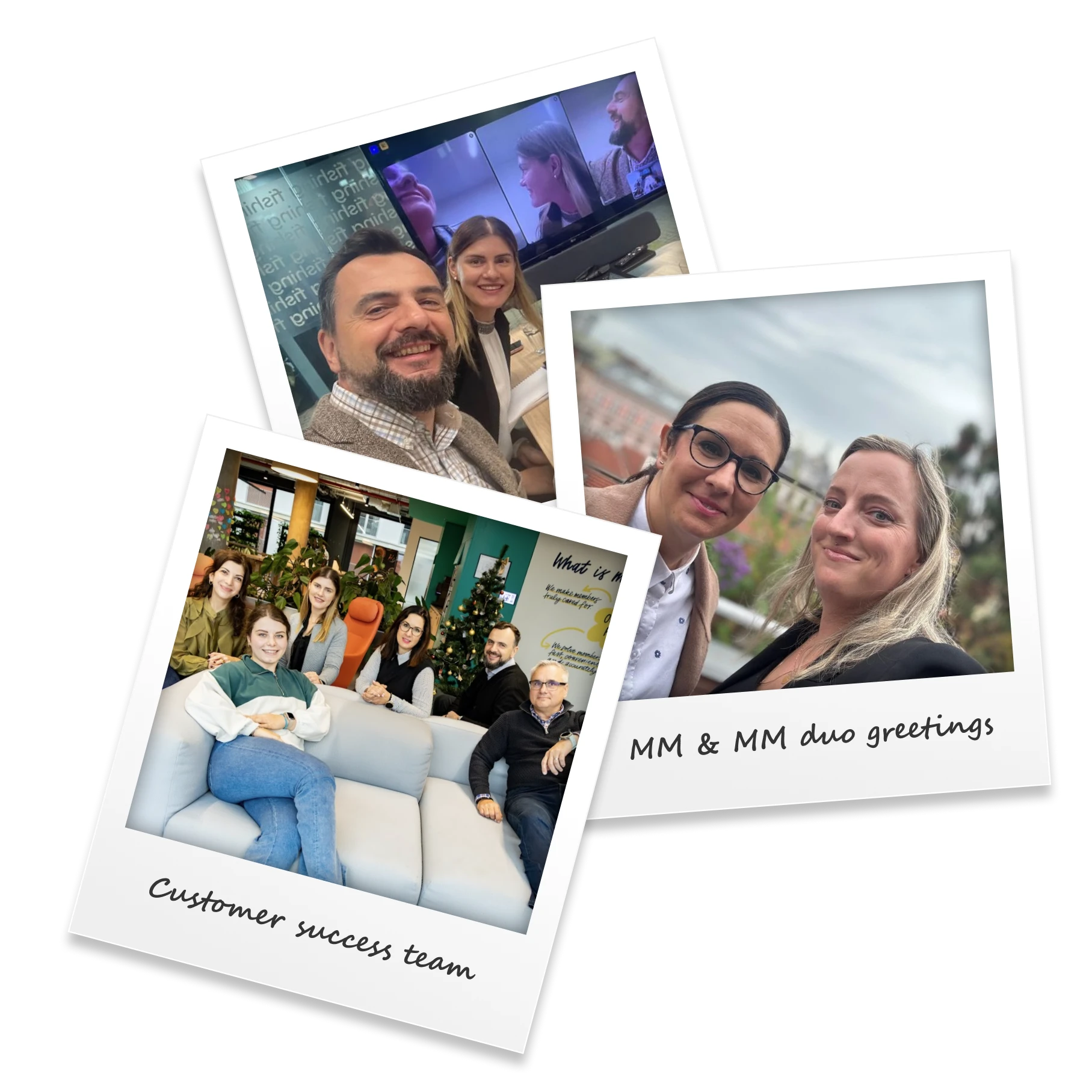 Collage of three polaroid photos featuring team members and a 'Customer Success Team' snapshot.