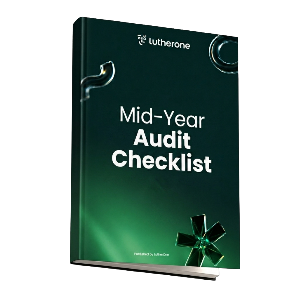 Digital book cover for 'Mid-Year Audit Checklist' with a dark green abstract design.