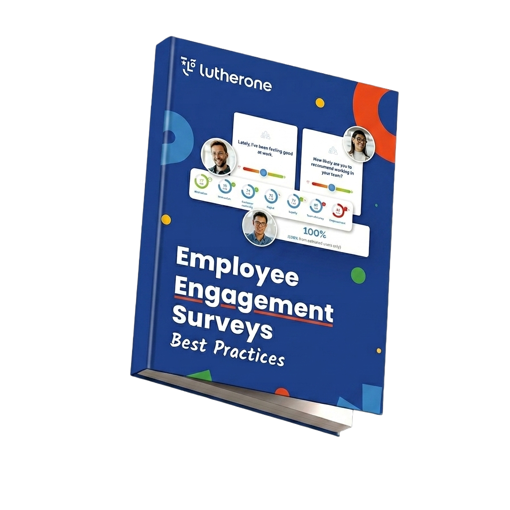 LutherOne book cover for 'Employee Engagement Surveys Best Practices' with abstract designs.