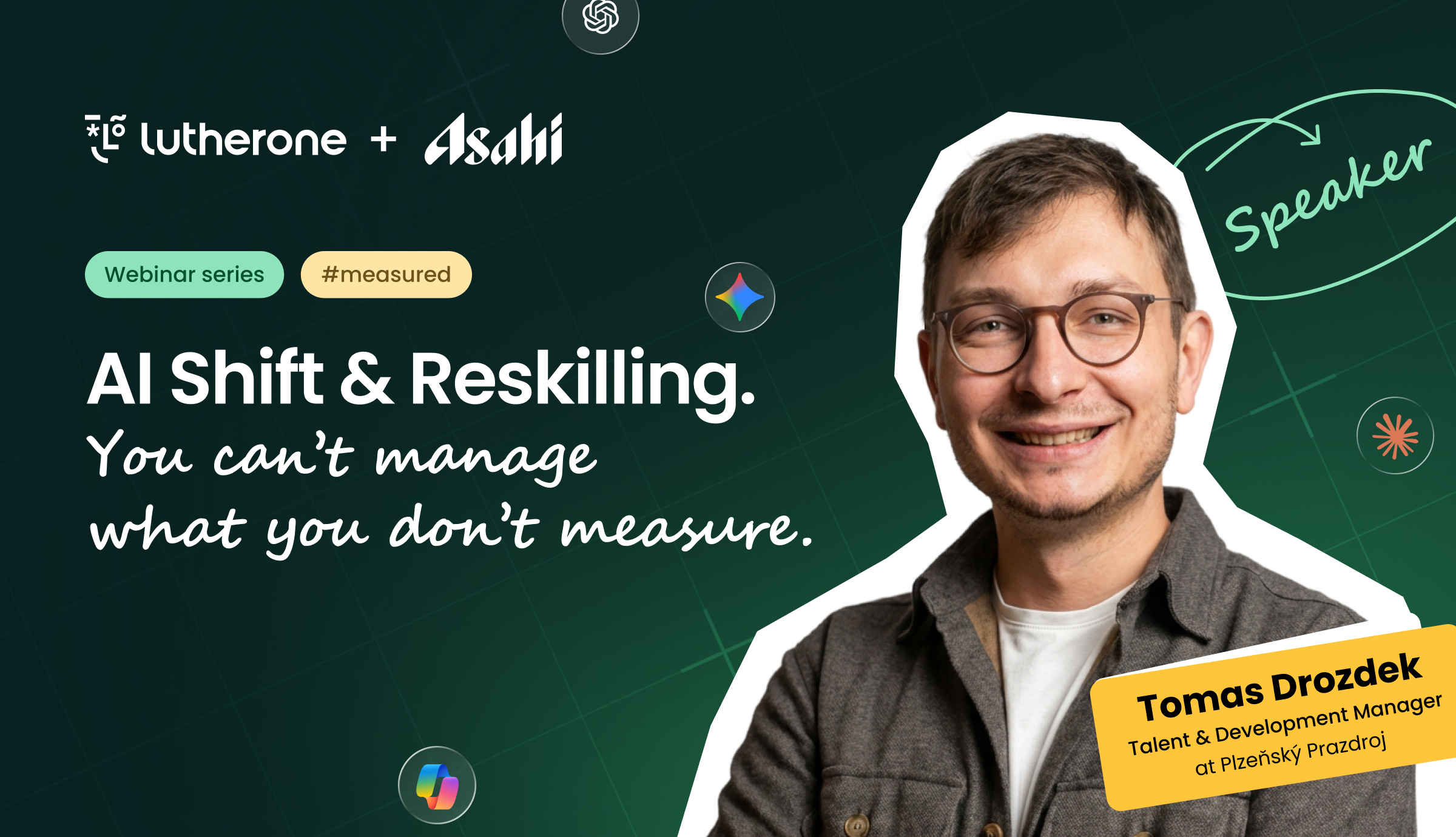Man smiling with glasses promoting a webinar on AI Shift & Reskilling.