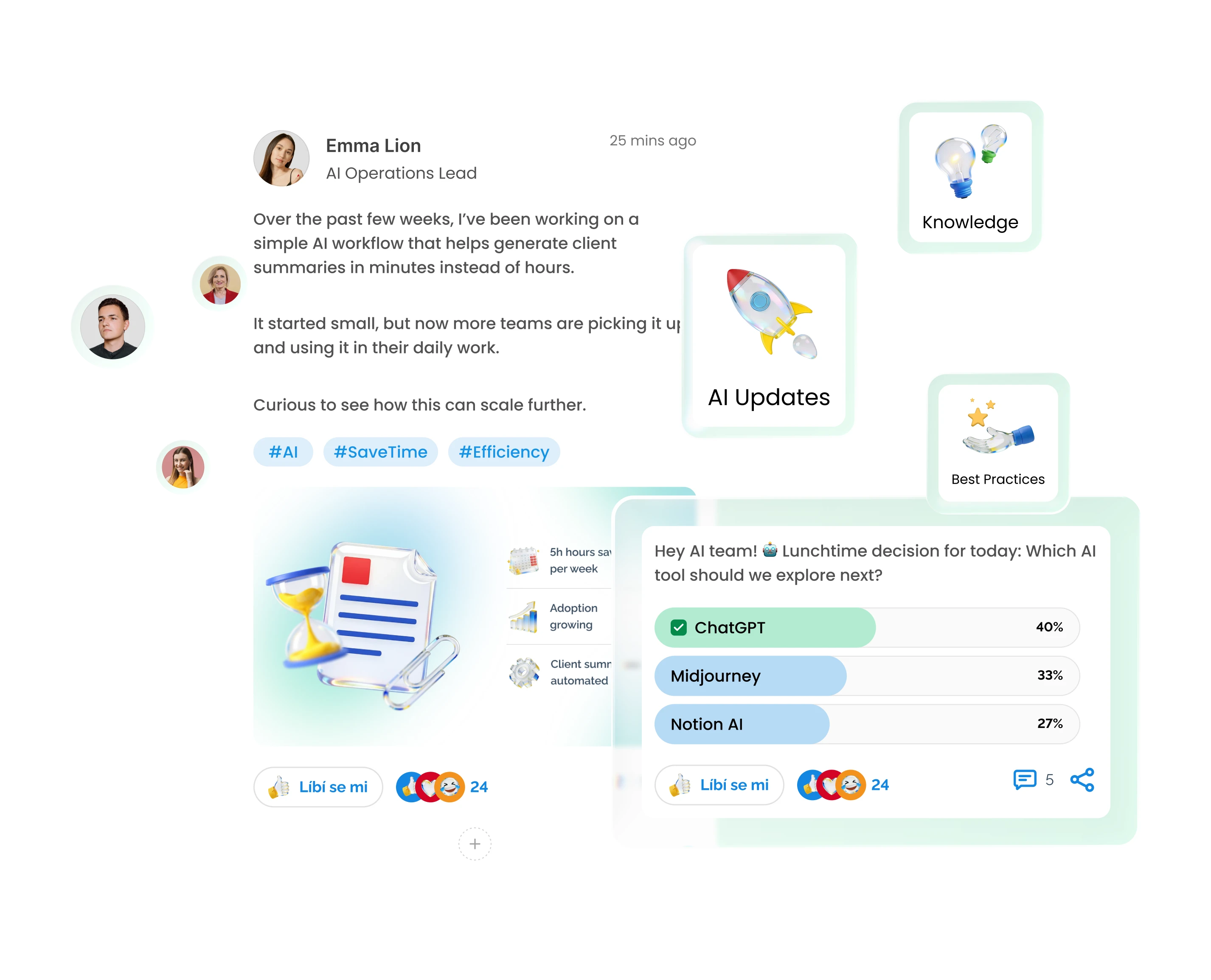 Digital interface displaying content generation, SEO analytics, and AI-powered knowledge management tools.