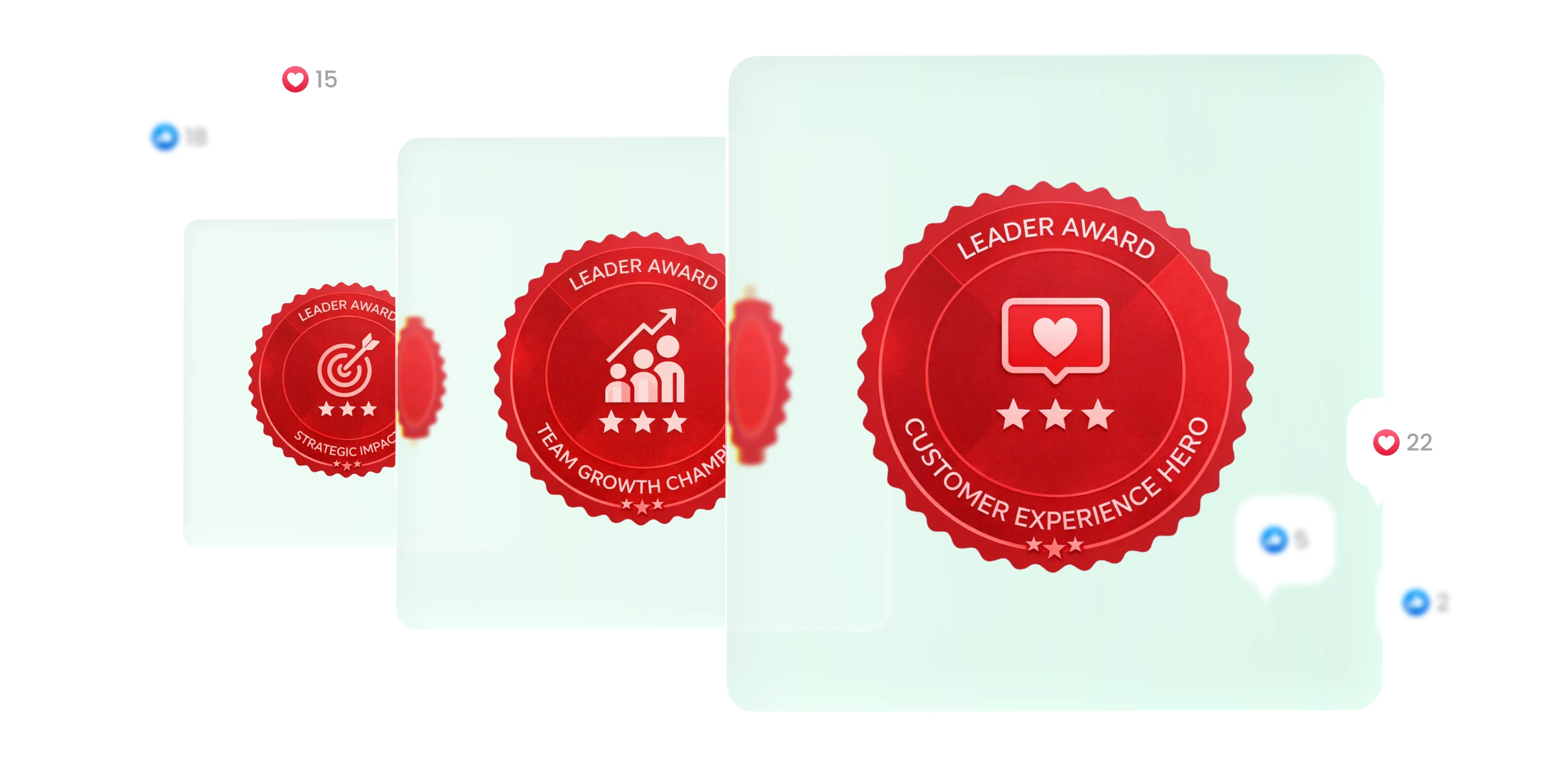Red circular 'Leader Award Customer Experience Hero' badge displayed on a light green card.
