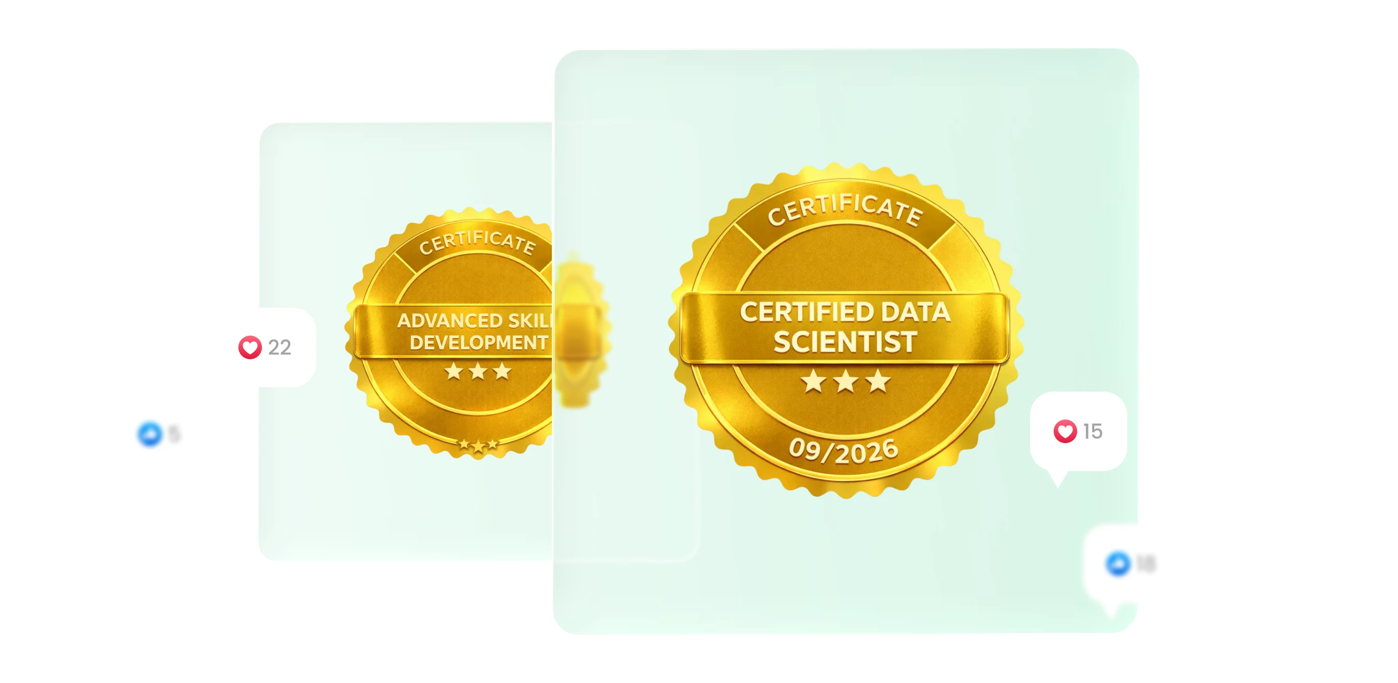 Two gold certificate seals, 'Certified Data Scientist' and 'Advanced Data Development,' on light green cards.