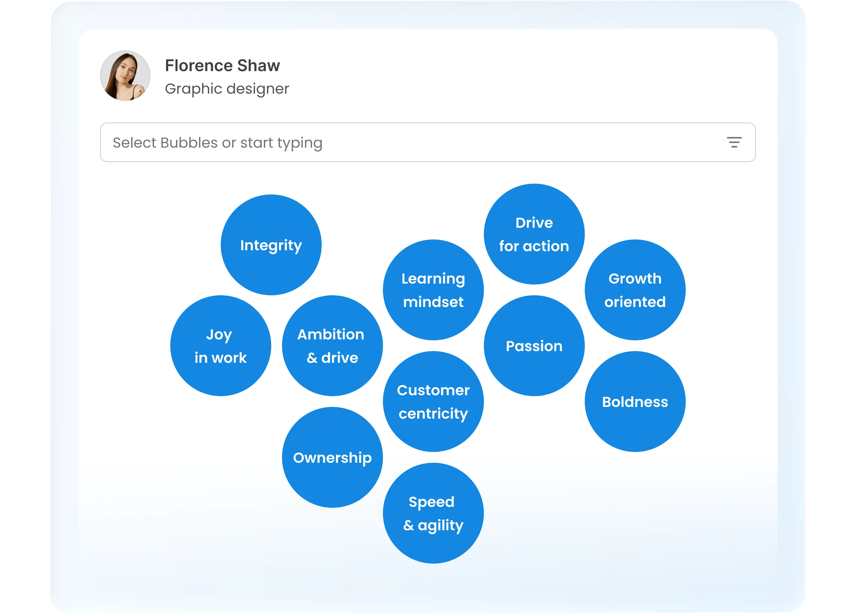 Florence Zhao's profile shows a search bar and blue bubbles with words like integrity, ambition, and ownership.