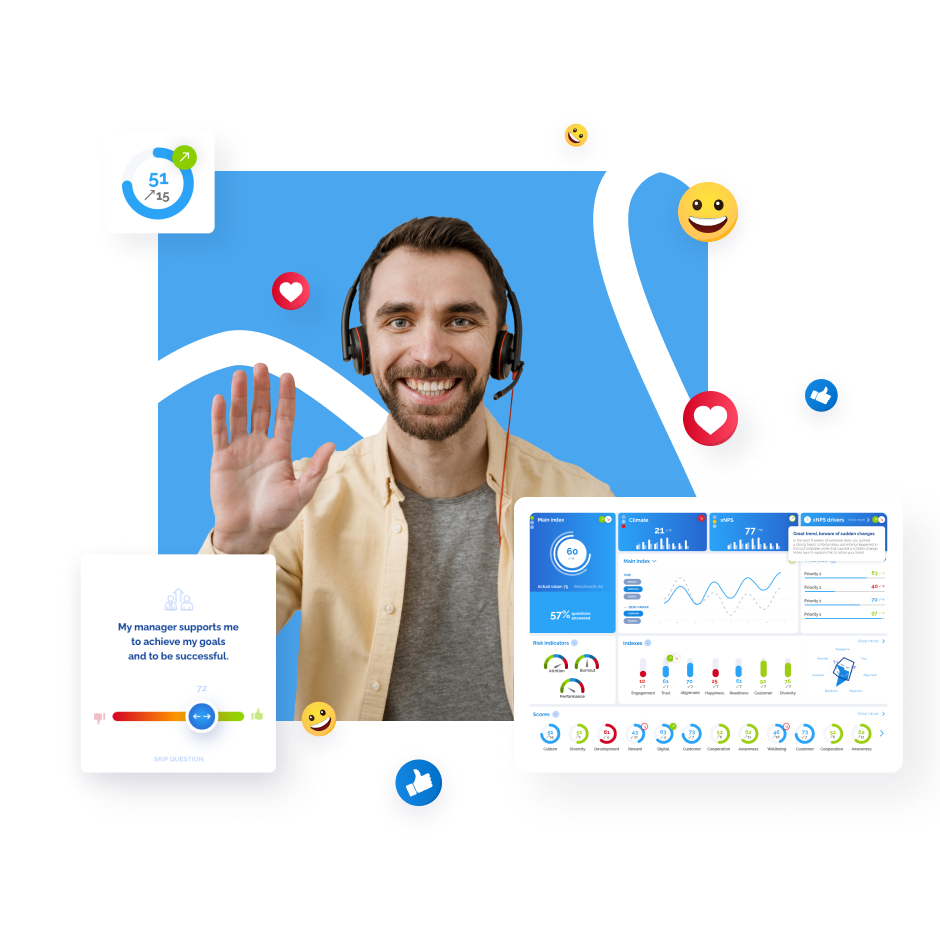 Smiling man in headset waves, surrounded by social media icons and digital dashboards.