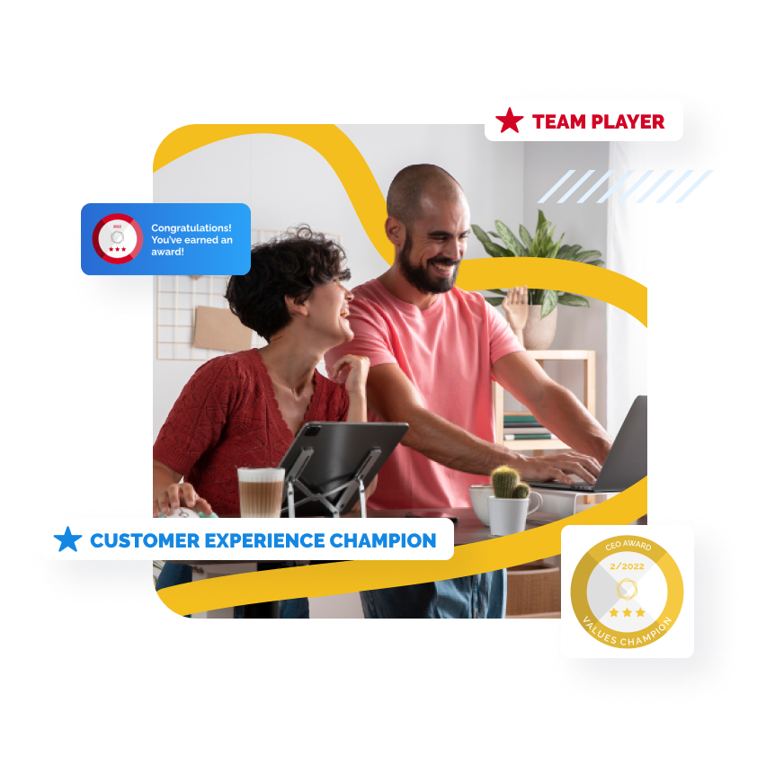 Two smiling colleagues collaborate on a laptop, surrounded by achievement badges and icons.