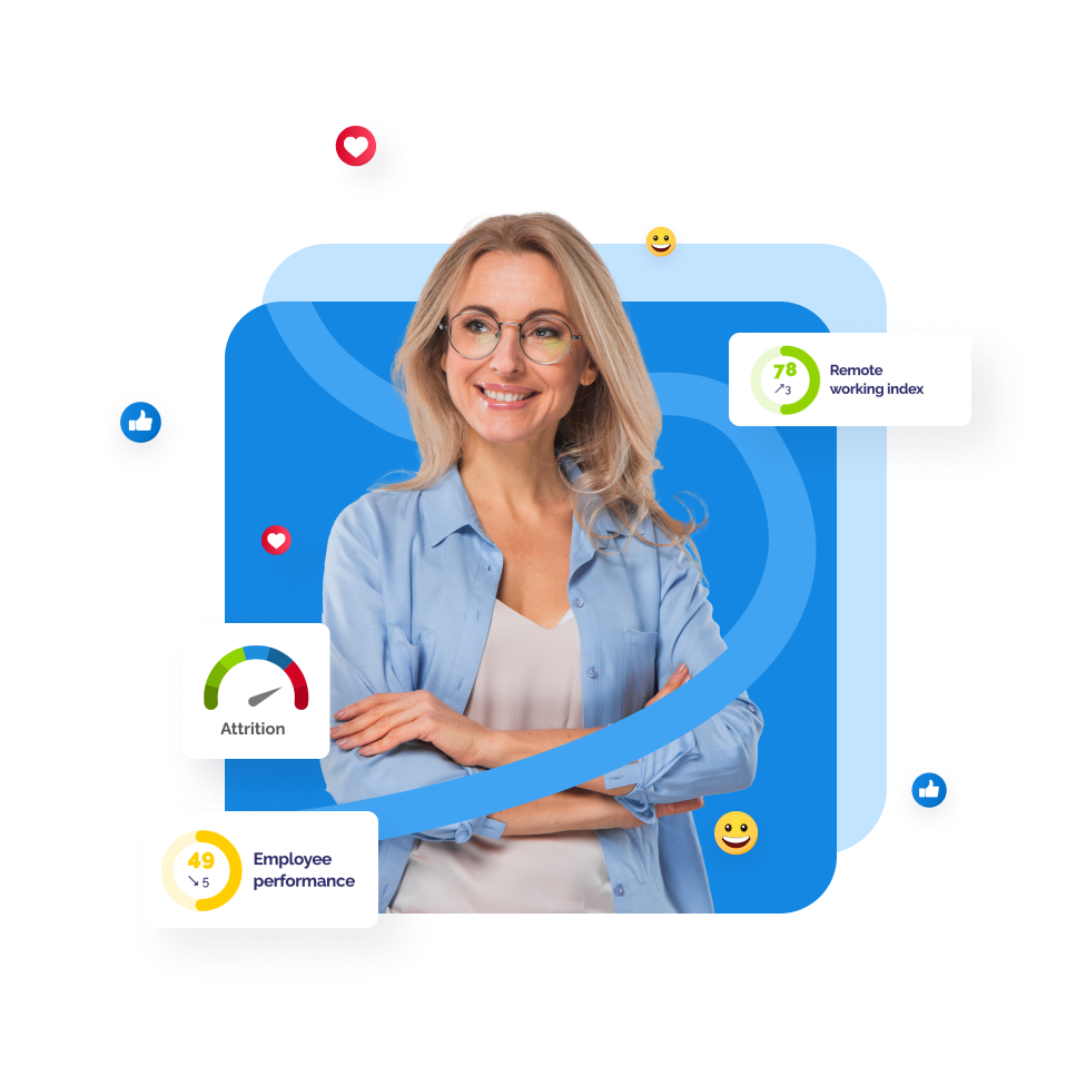 Smiling woman with glasses and crossed arms, surrounded by social media reactions and performance metrics.