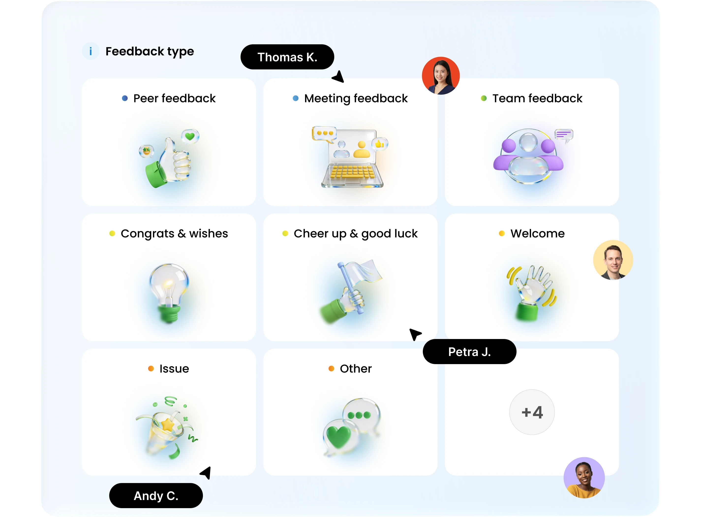 Digital interface shows nine feedback types: peer, meeting, team, congrats, welcome, and ideas.