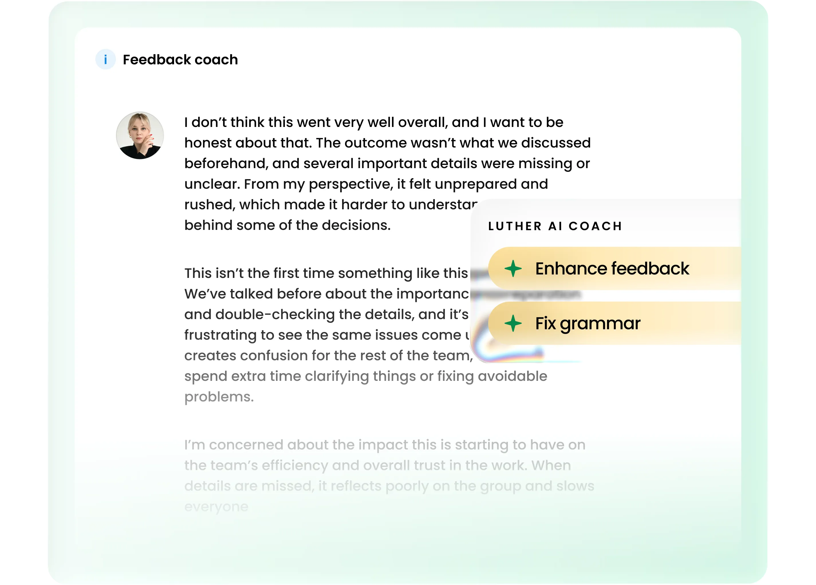 AI feedback coach interface showing options to enhance feedback and fix grammar.