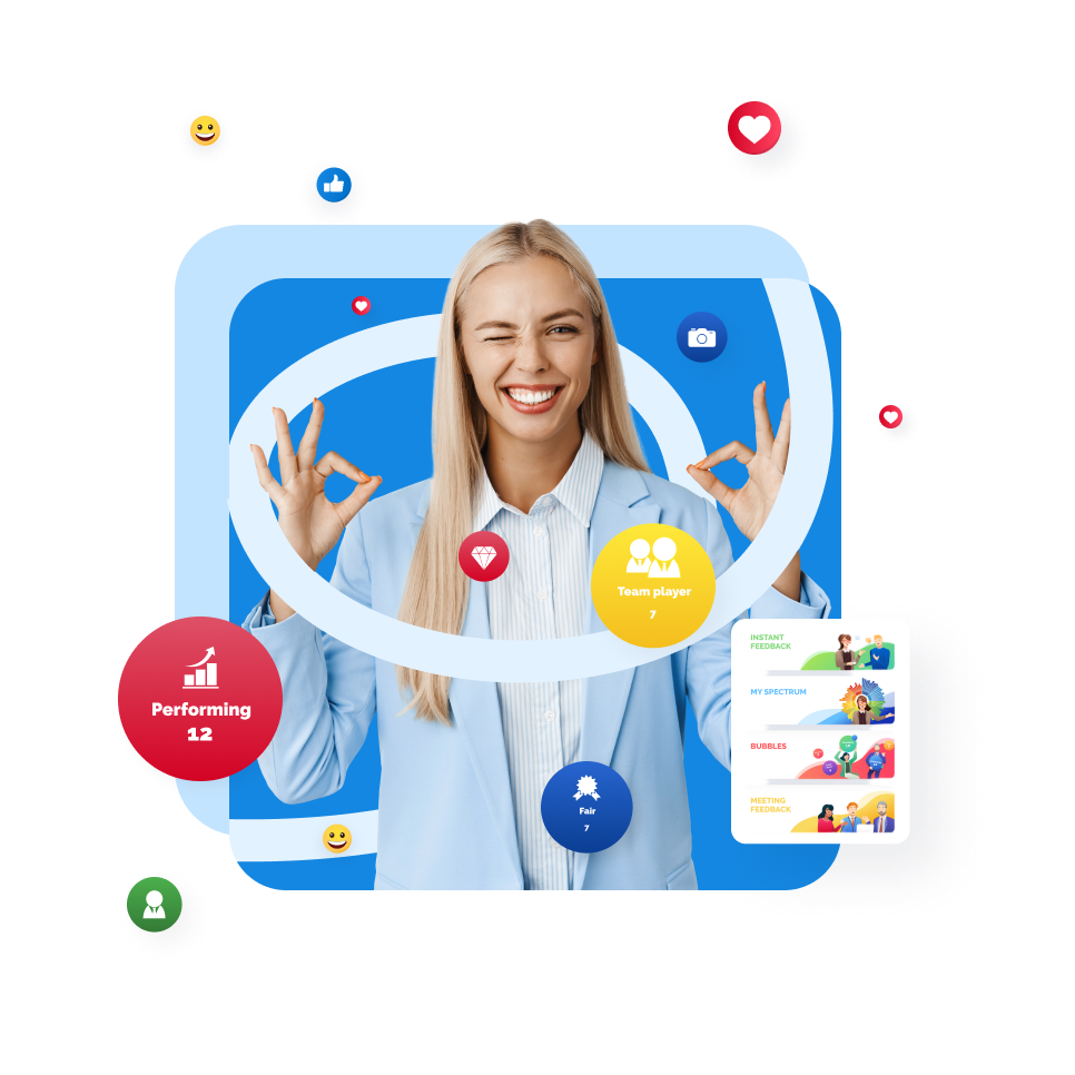Blonde woman winking, making OK gestures, surrounded by social media icons.