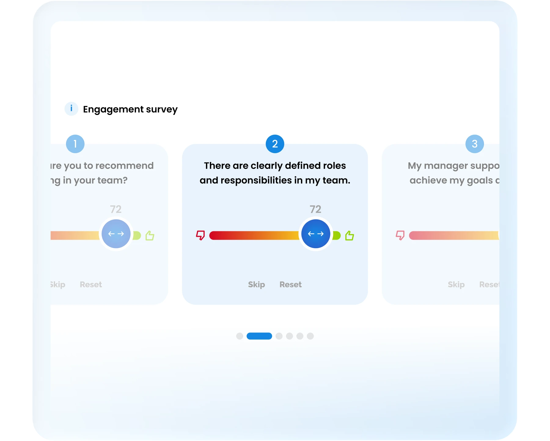 Digital engagement survey interface showing questions about team roles with interactive response sliders.