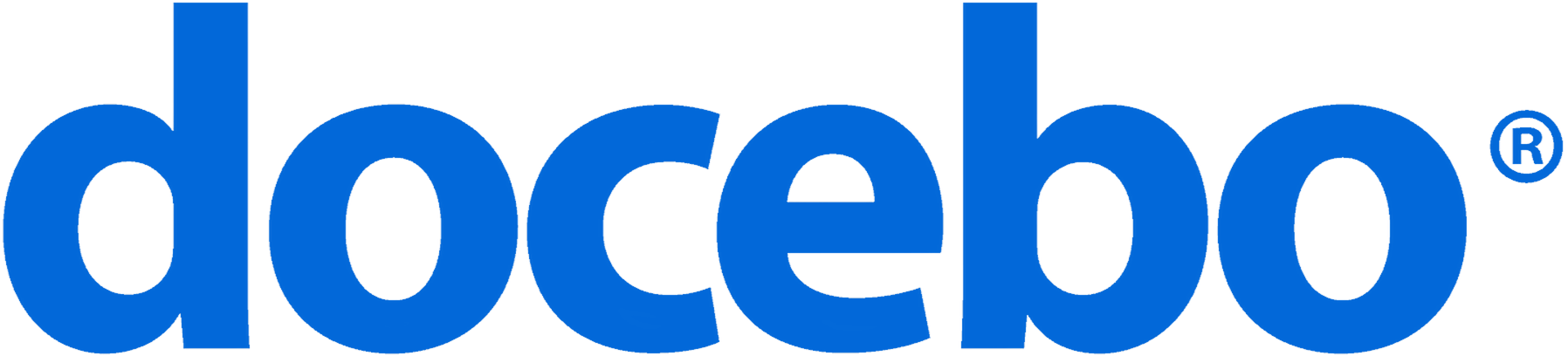 Docebo logo in blue text on a black background, featuring a registered trademark symbol.