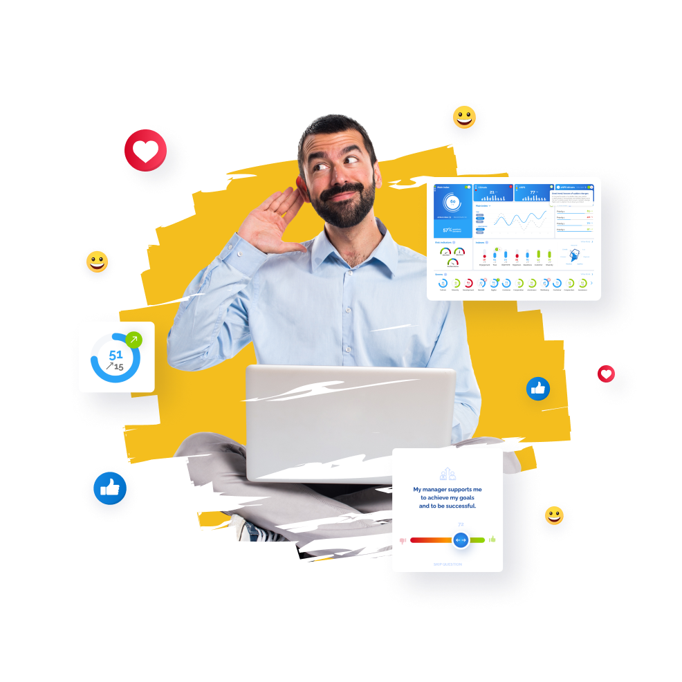 Man listening intently with laptop, surrounded by social media icons and digital graphics.